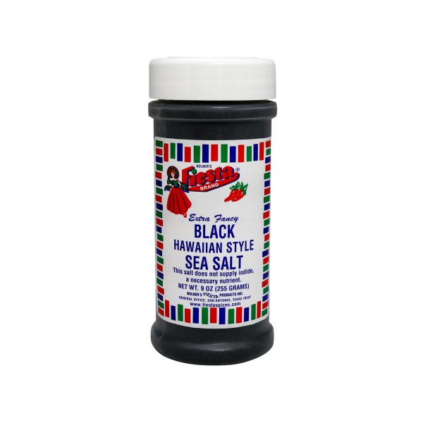 Close-up of jar of Bolner's Fiesta Brand Black Hawaiian-Style Sea Salt 9 ounces