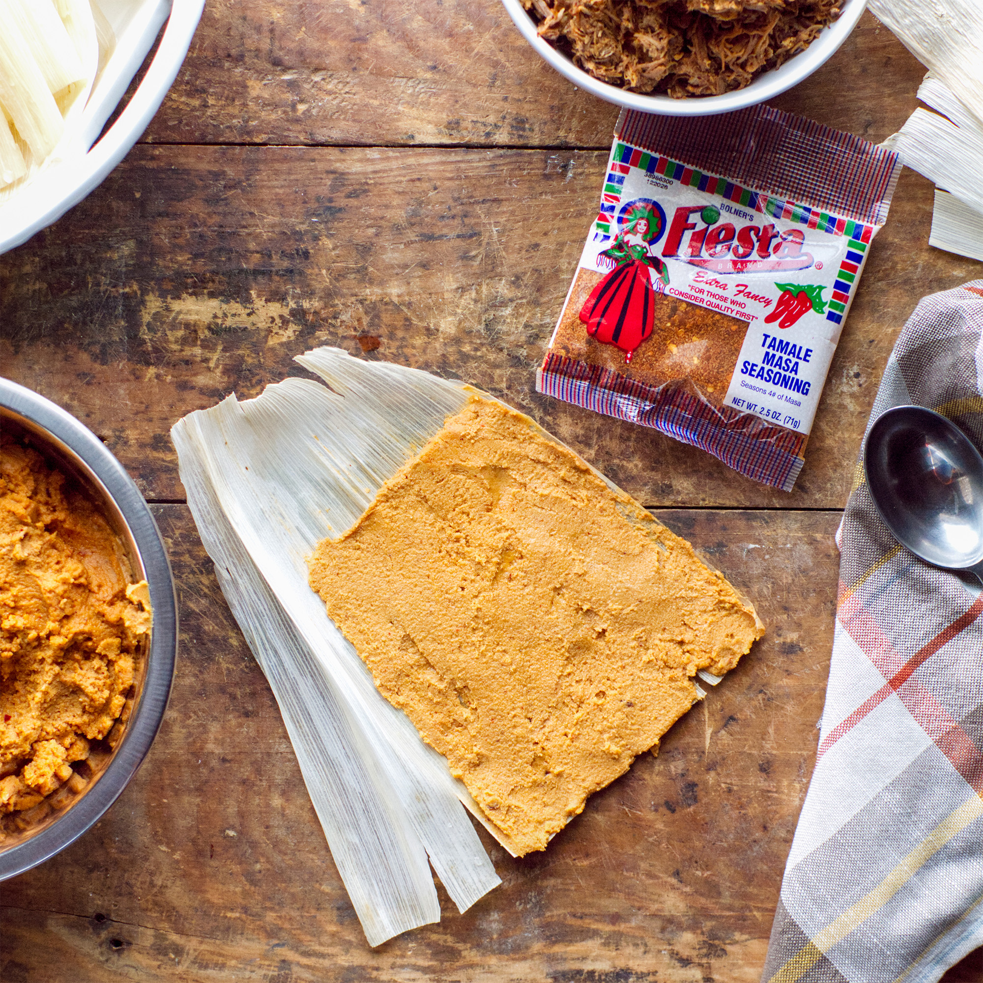 Masa spread on a corn shuck for tamales