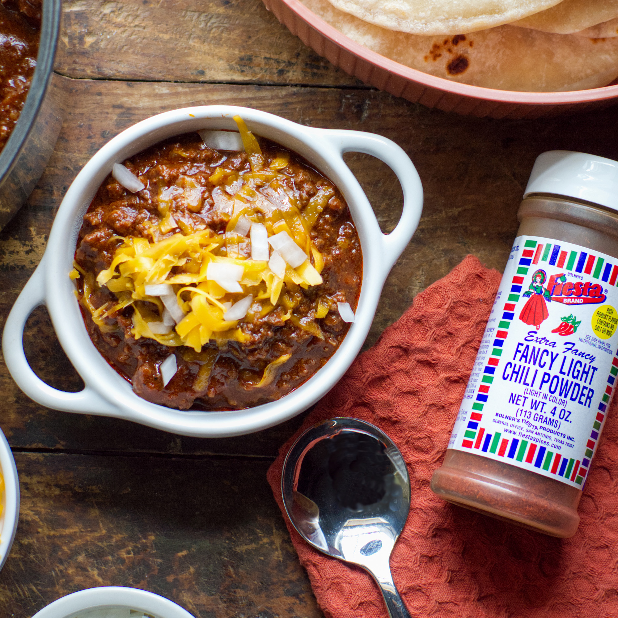 Beautiful bowl full of Bolner Family Deluxe Chili ready to serve