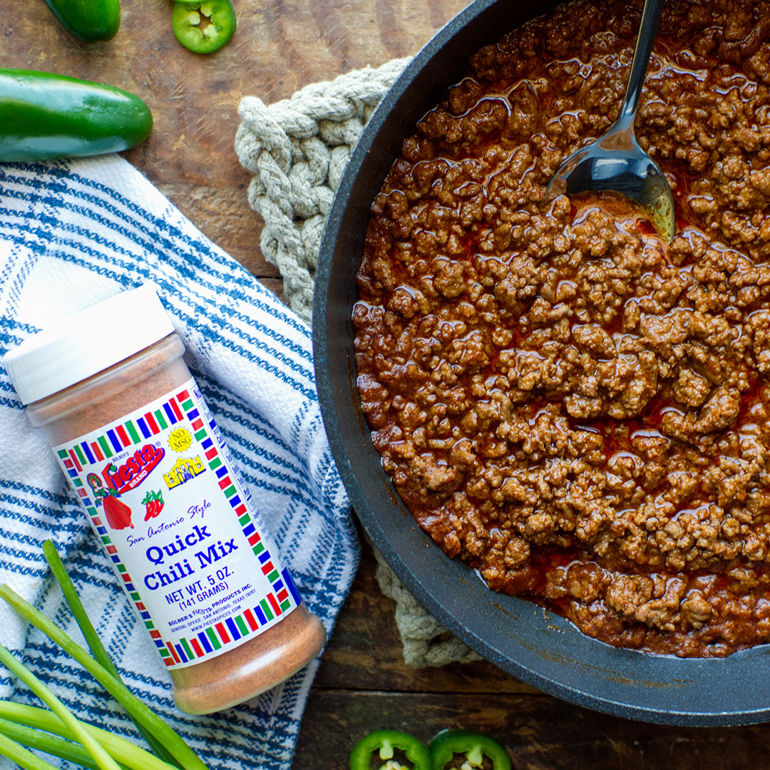 Large pot of freshly prepared San Antonio Style Chili created with Bolner's Fiesta Brand Quick Chili Mix