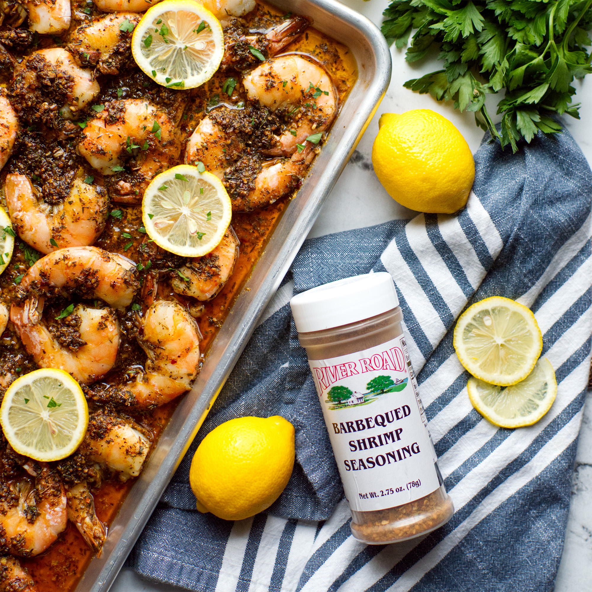 Freshly prepared Barbecued Shrimp created with River Road Brand Barbecued Shrimp Seasoning