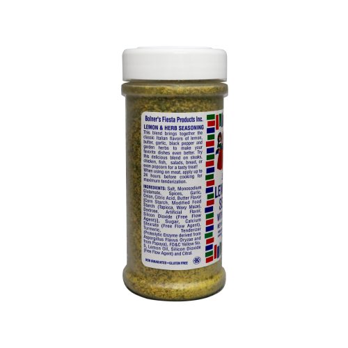 medium size jar of Lemon and Herb Seasoning six and one half ounces side of jar showing recipe